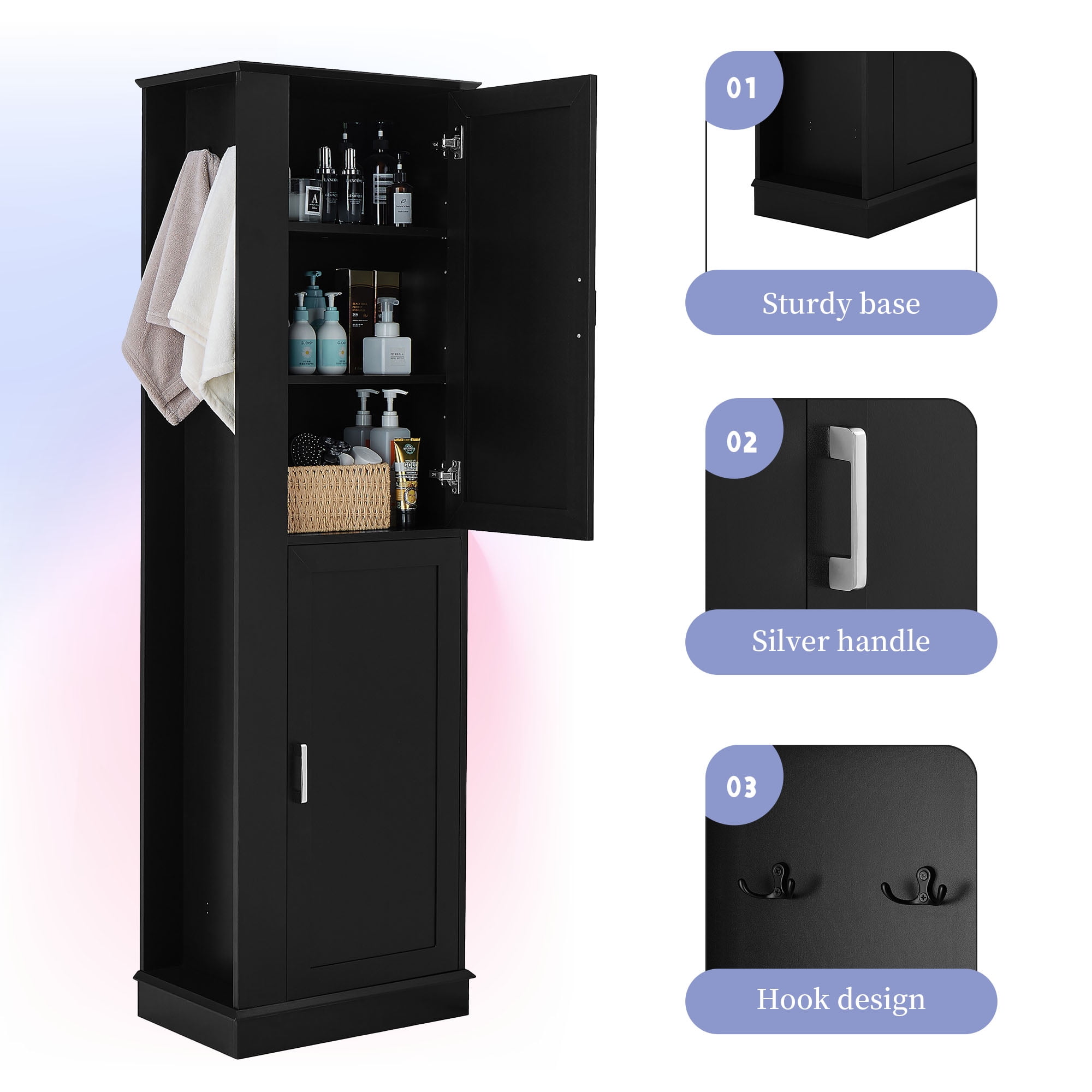 Harper & Bright Designs Tall Bathroom Storage Cabinet Doors and Hook, Modern Freestanding Cabinet with Adjustable Shelves for Bathroom, Black