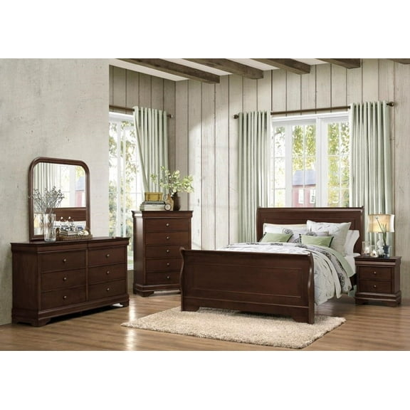 5pc Classic Style Queen Sleigh Bed Dresser Mirror Nightstand Chest Wooden Bedroom Furniture Set Brown Cherry Finish