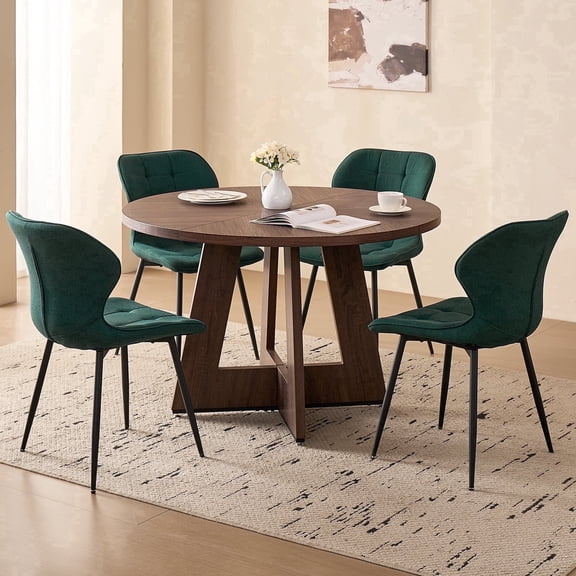 5-Piece 47'' Round Dining Table & Chair Set for 4, Farmhouse Brown Kitchen Table with 4 Green Modern Chairs, Wood Furniture Set