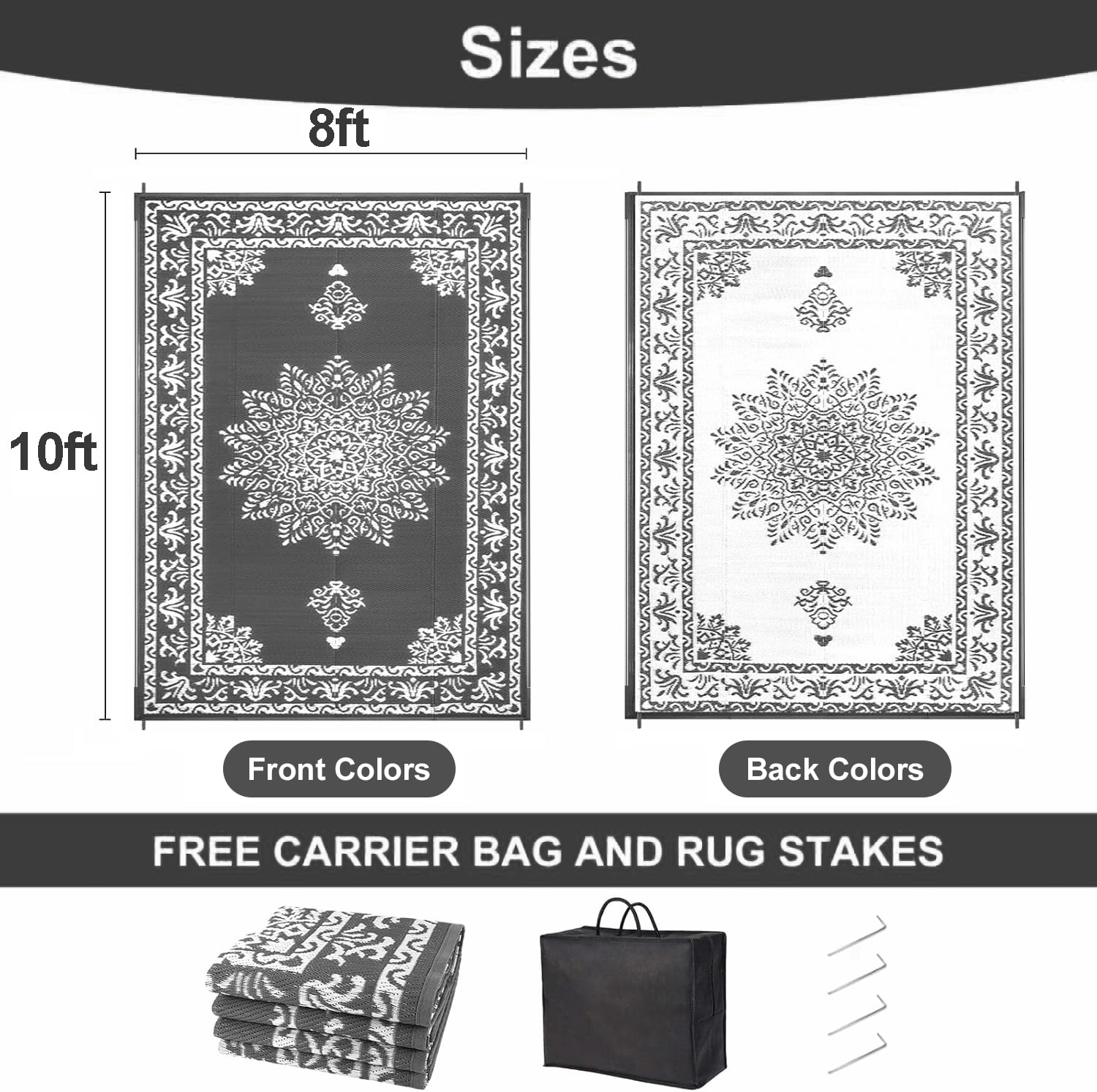 Yamaziot 8'x10' Outdoor Rugs Patio Rug Medallion Reversible RV Mats, Waterproof Camping Plastic Straw Outdoor Rug for Patio, Porch, Balcony, Beach, Deck, Backyard, Garden, Gray