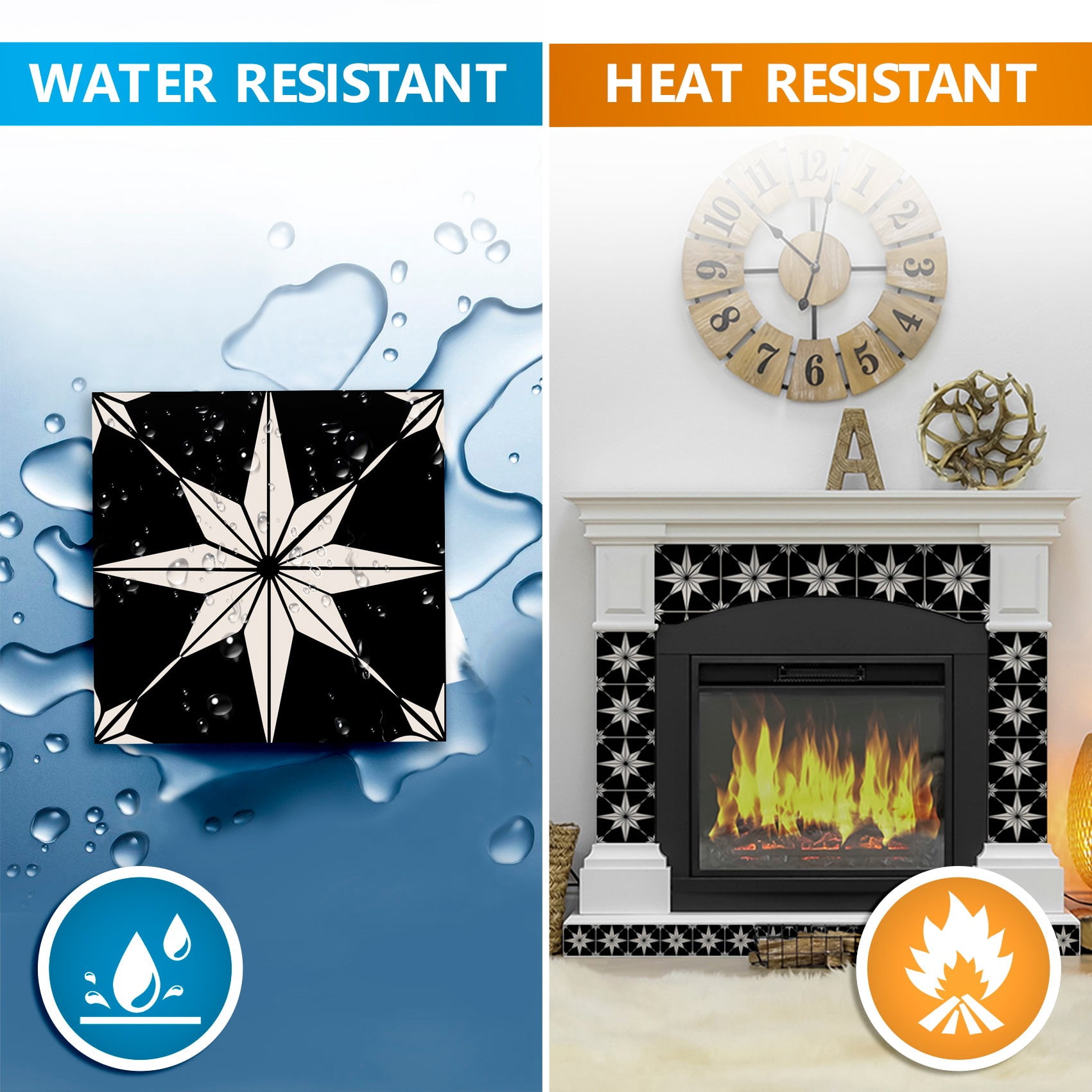 Mi Alma Peel and Stick Star Shaped B66 Backsplash Vinyl Tile Stickers, Black, 8" x 8" (24-Pack)
