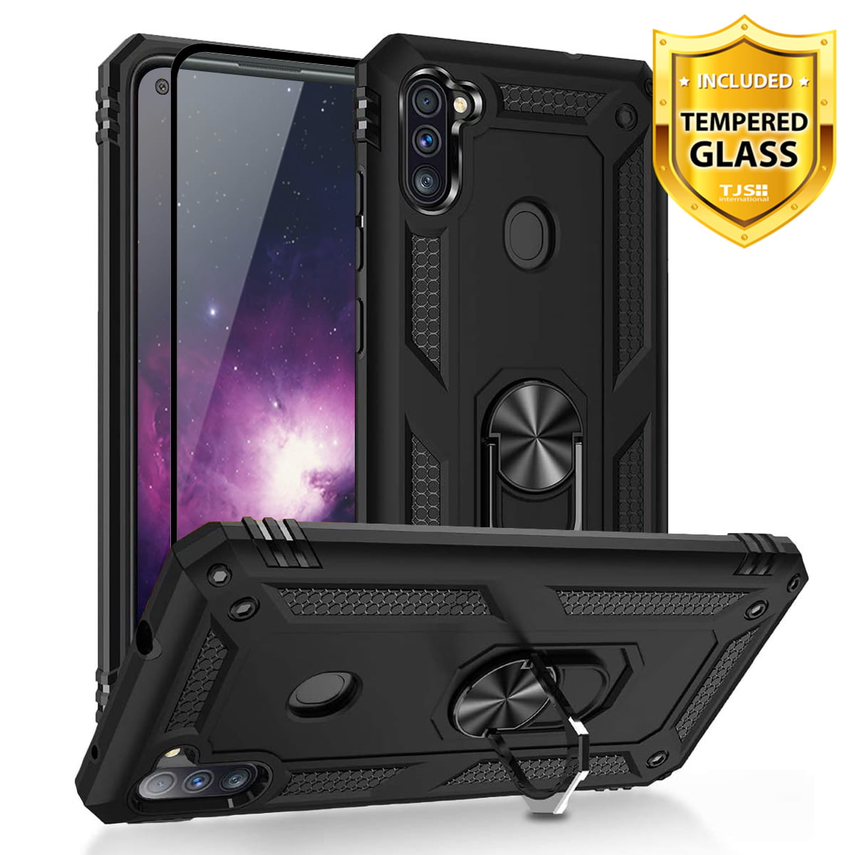 TJS Phone Case for Samsung Galaxy A11 (Not Fit Galaxy A10/A10S/A10E), with [Full Coverage Tempered Glass Screen Protector][Impact Resistant][Defender][Metal Ring][Magnetic Support] Armor (Black)