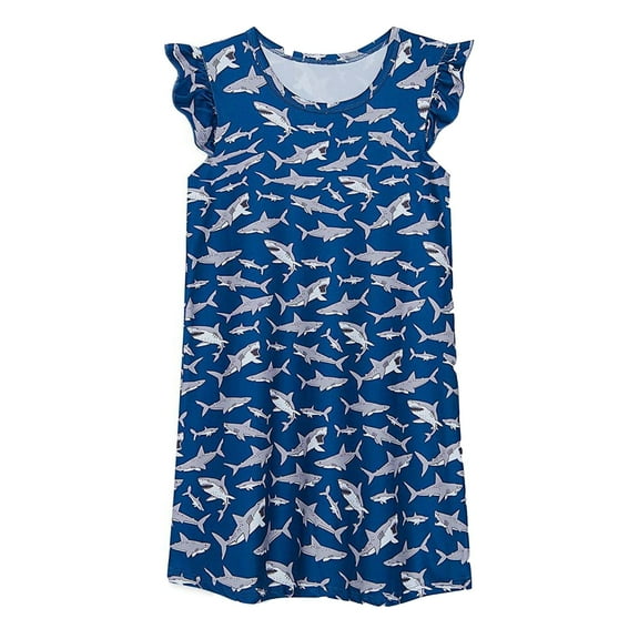 shoper Little Girls Nightgowns Size 5-6 Round Neck Cute Print Ruffled Sleeve Fashion Pajamas Dress for Kids Girls' Lightweight Nightwear Sleepwear Navy L