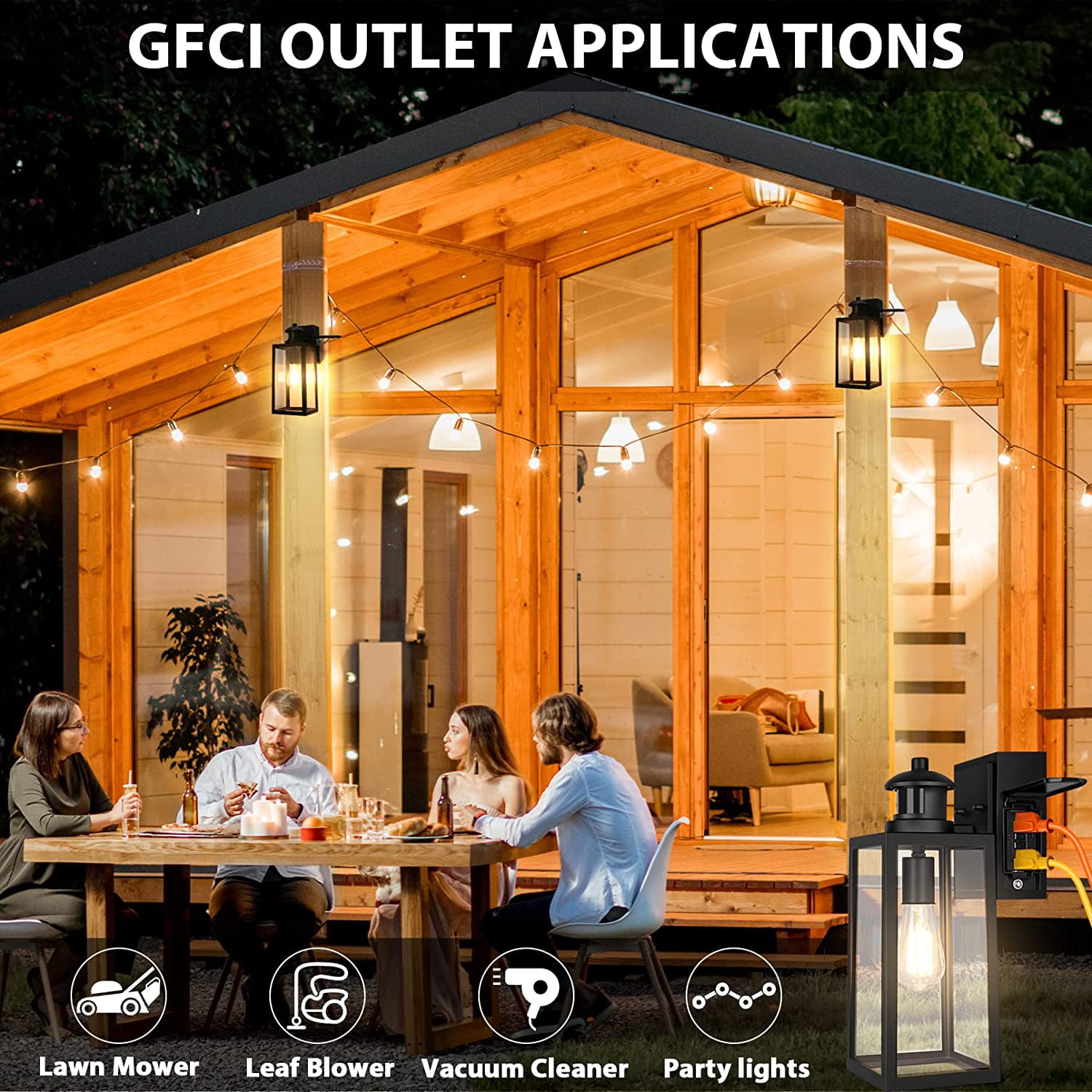 Dusk to Dawn Motion Sensor Outdoor Porch Lights with GFCI Outlet 