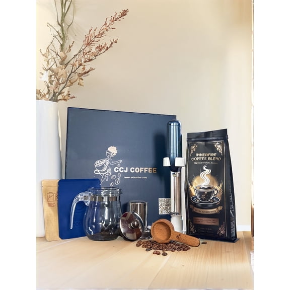 InnerFire Functional Coffee & Tea Kit – Personal Teapot, Frother, Wooden Spoon & Adaptogenic Mushroom Coffee with Chaga, Lion’s Mane, Collagen & MCT Oil – Elegant Gift Box