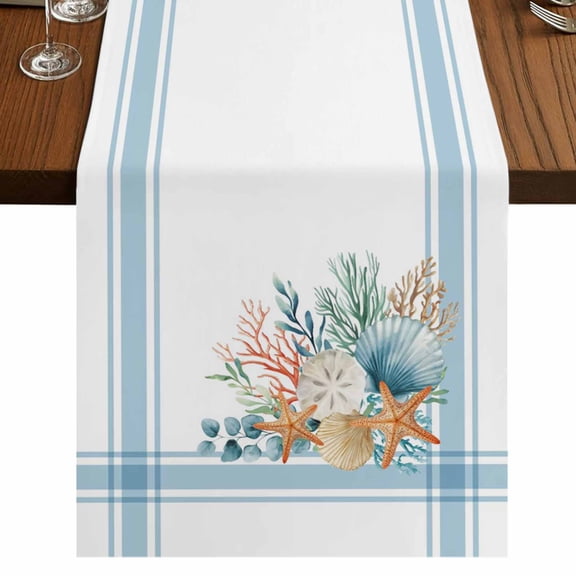 Table Runners 48 Inches Long Dress Scarves, Blue Coastal Farmhouse Kitchen/Dining Table Runner, Short Coffee Tablerunners, Nautical Starfish Eucalyptus Leaf Coral Striped 13x48 Inch