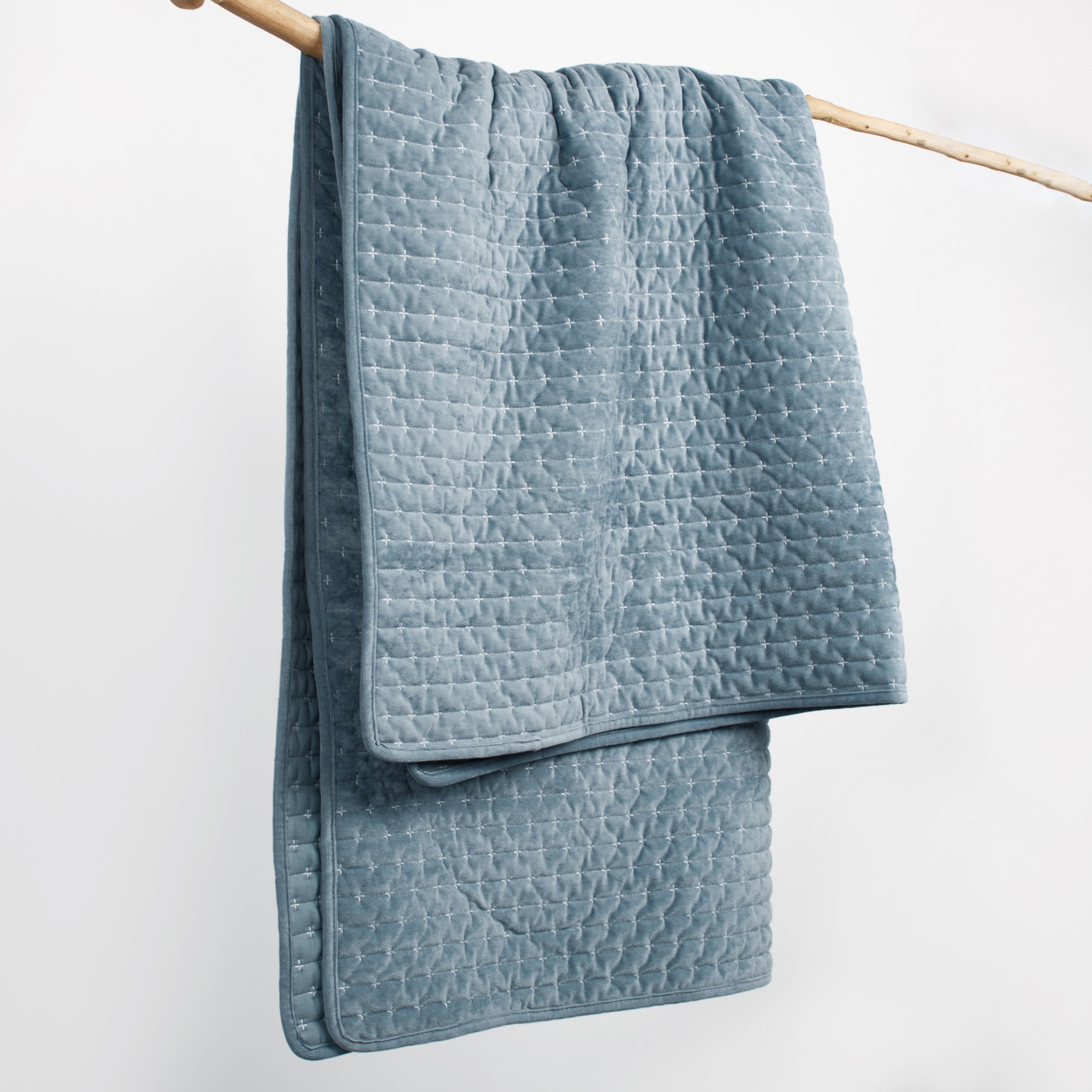 Levtex Home - Velvet Stitch - Throw - Cross Stitch Velvet - Chambray with White - Quilt (50x60in.) and Sham 50x60in. - Polyester