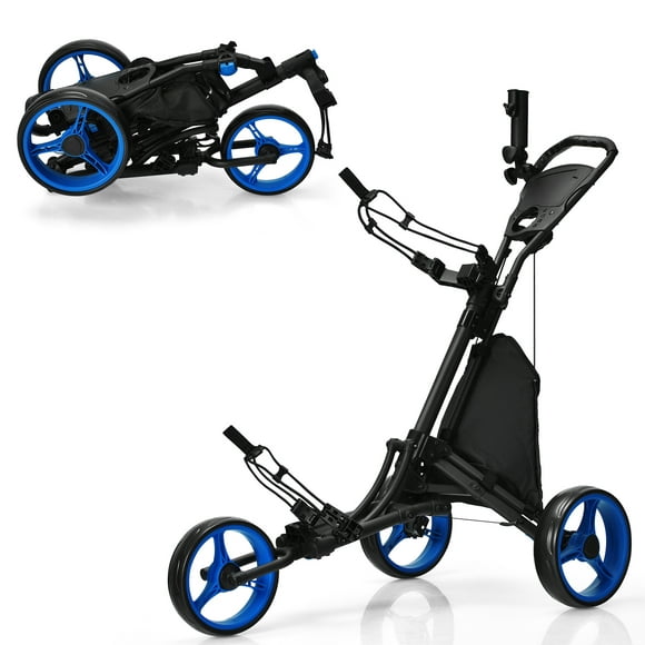 Goplus Folding 3 Wheels Golf Push Cart W/Bag Scoreboard Adjustable Handle Blue