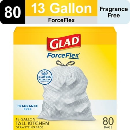 Glad ForceFlex Tall Kitchen Drawstring Trash Bags, 13 Gallon, Fragrance Free, 80 Count