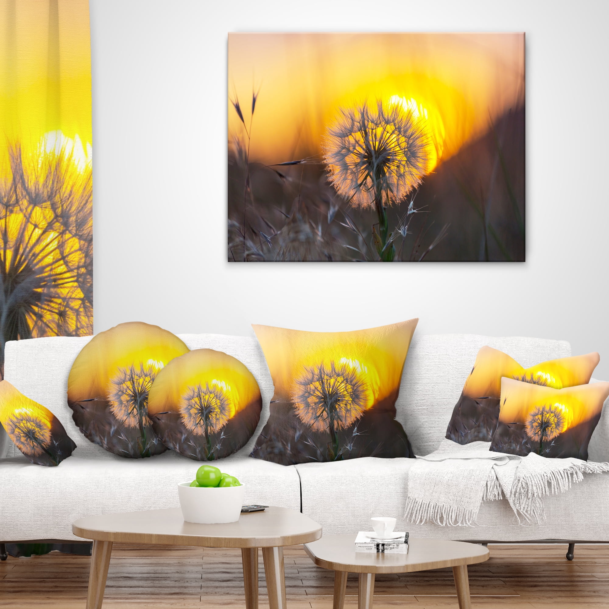 Designart Stunning Dandelion View At Sunset - Floral Throw Pillow - 16x16