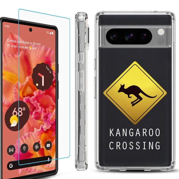 OneToughShield ® Compatible with Google Pixel 8 Pro, Shockproof Phone Case, with Tempered Glass Screen Protector - Road Sign Kangaroo