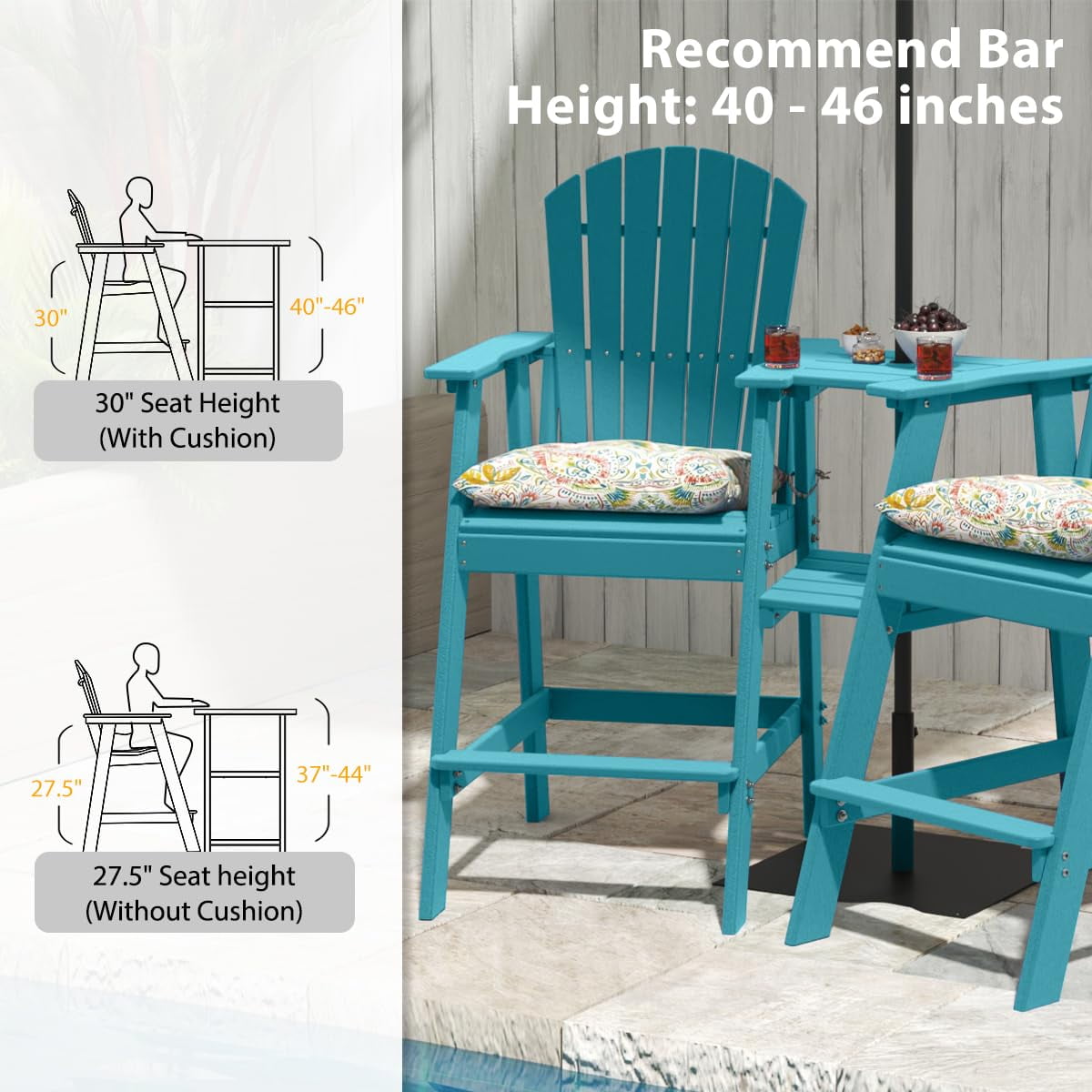 Tall Adirondack Chairs Set of 2 with Table, Patio HDPE Bar Set, 3 PCS Counter Height Dining Bistro Set, Pub Table with Stools, 2 Umbrella Hole Caps, Teal