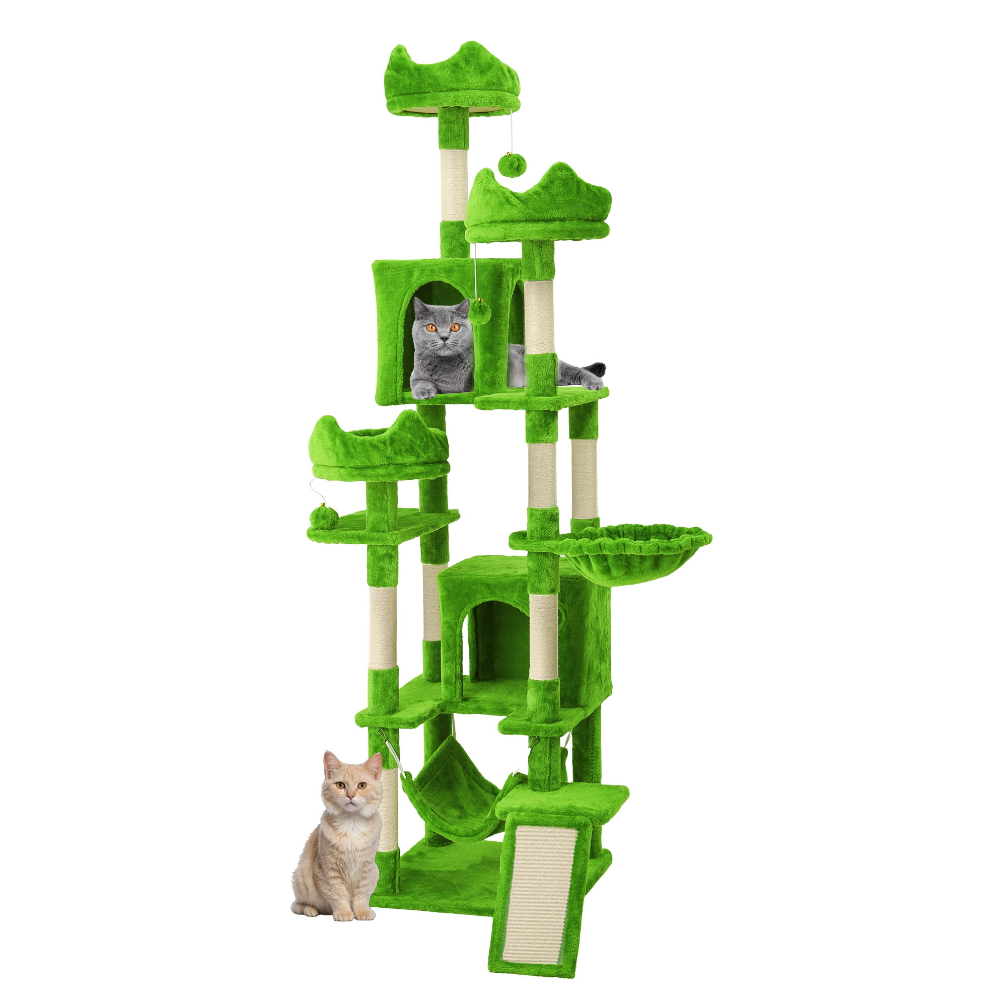 Dextrus 75" Tall Cat Tree for Large Cats, Multi-Level Play Tower Condo with Sisal Ramp Scratching Post & Hammocks, Green