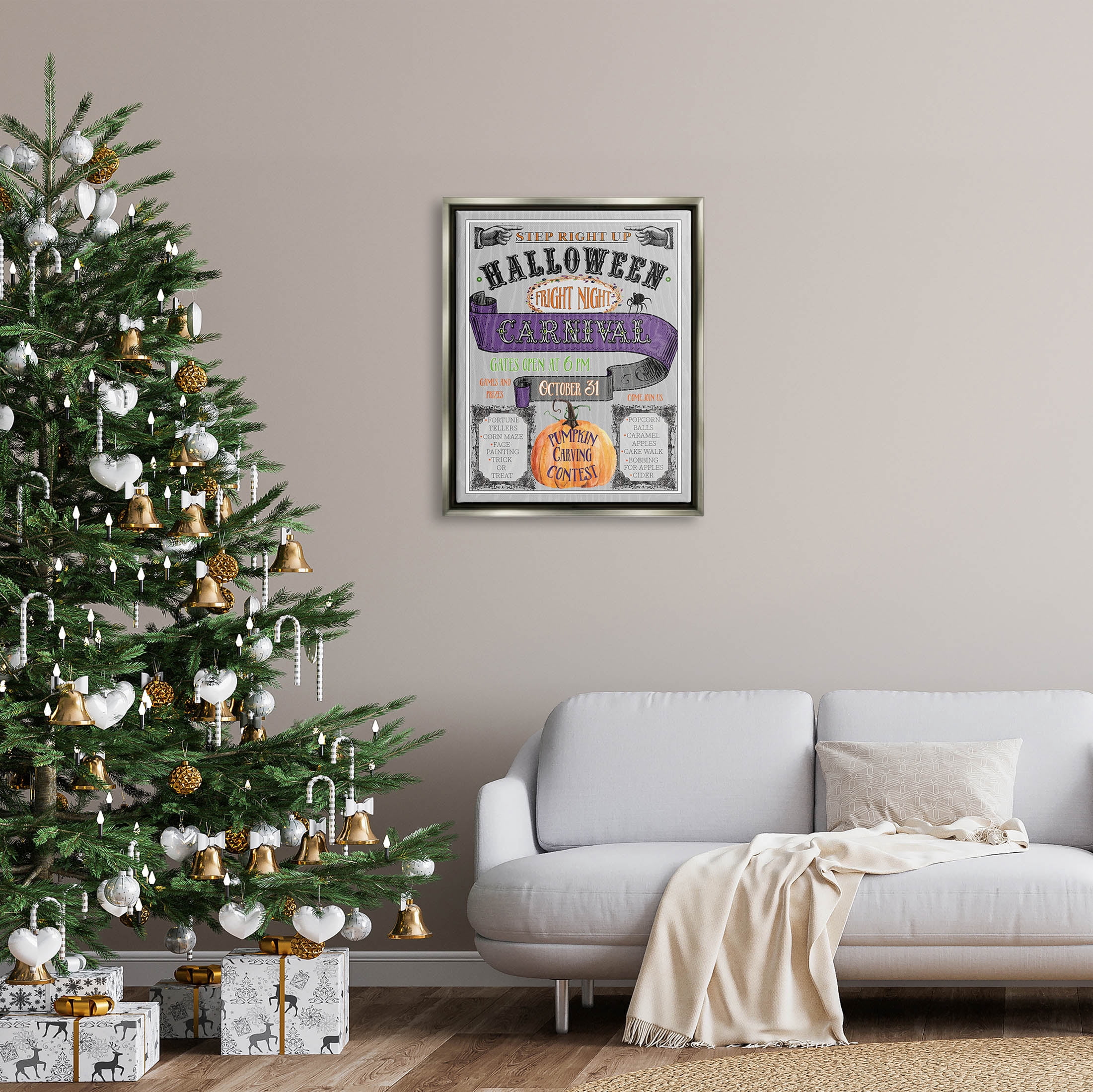 Stupell Industries Halloween Fright Night Carnival Sign Graphic Art Luster Gray Floating Framed Canvas Print Wall Art, Design by Livi Finn