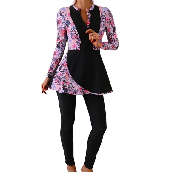 Qingpeng Two Piece Swimsuits for Women Full Cover Long Sleeve Rash Guard Pants Bathing Suit Modest Swimwear