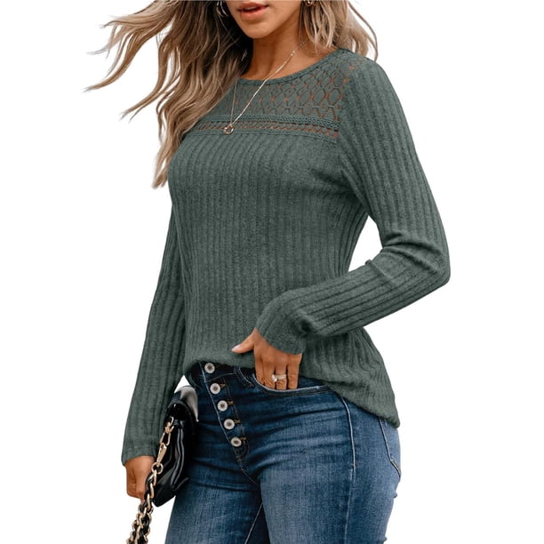 Camisa de Larga con Encaje para Mujer, Top de Otoño, Moda Elegante, Informal, Tipo Túnica, Suéter, Ropa de . Verde XXL