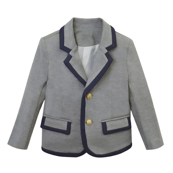 Girls Blazer Jacket 100% Cotton Preppy Gray with Navy Trim & Gold Buttons for School, Special Occasions, Kids to Preteen 2-12 Years,Size 2-3 T