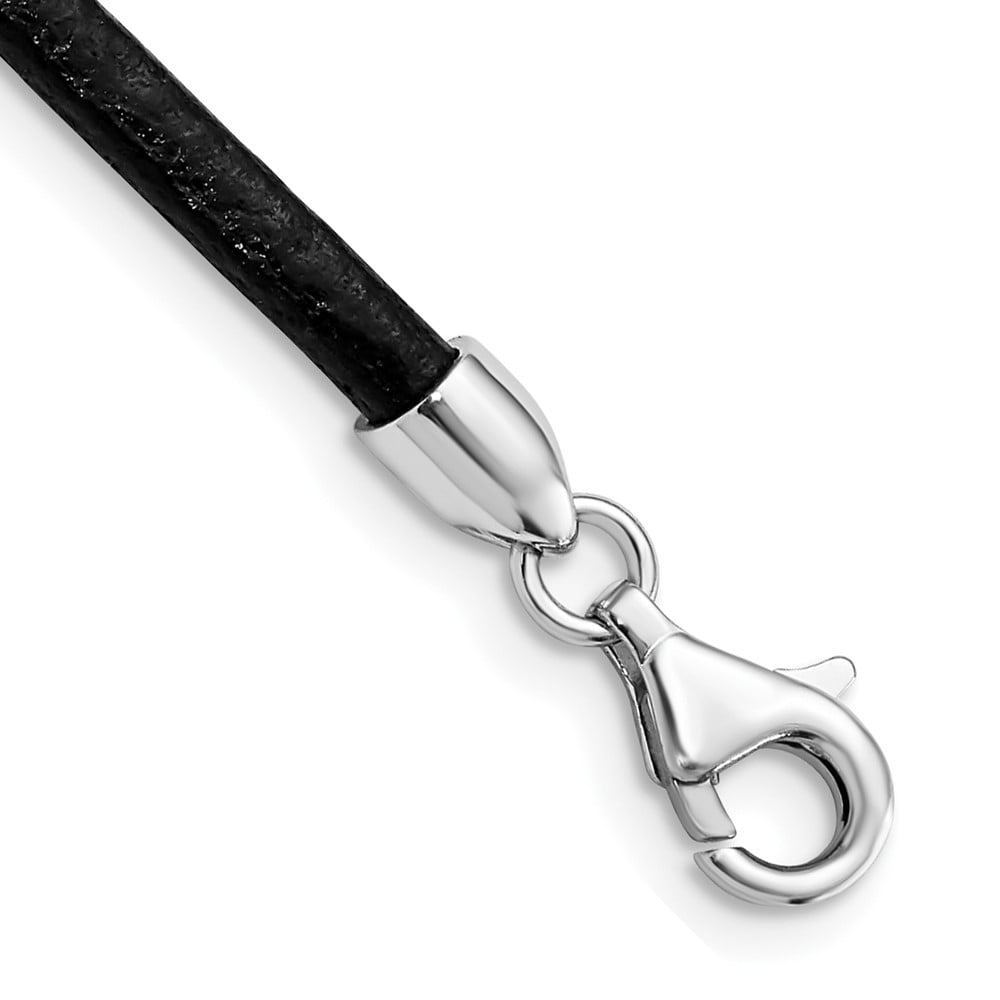 925 Sterling Silver Cord & Leather Chain Necklace Rhodium-plated 18 inch 3 mm Black