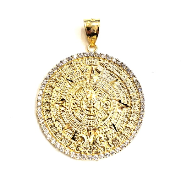 New 14k yellow Gold Aztec Mayan sun calendar Azteca pendant Zirconia 1.68" 12.5g