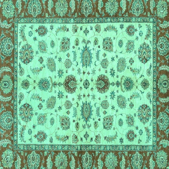 Ahgly Company Machine Washable Indoor Square Oriental Turquoise Blue Traditional Area Rugs, 6' Square