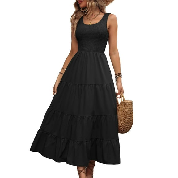SWSMCLT Women's Autumn Dresses Billowy Dress Empire Waist Breathable Sundress Calf Length Comfy Casual Black Large