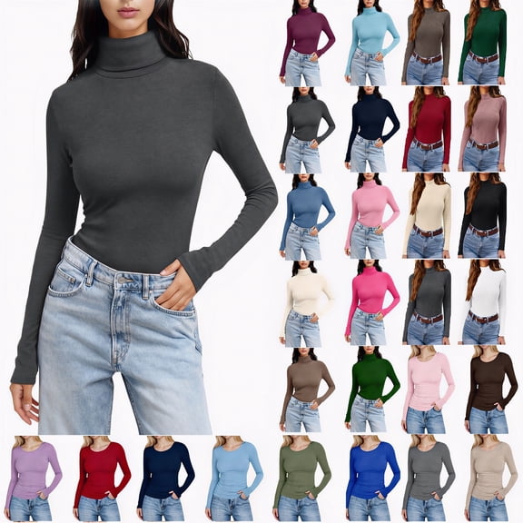 Axiiglly Long Sleeve Shirts for Women Stretchy Fitted Pullover High Neck Undershirts Fall Fashion Slim Basic Going Out Tops S-2XL