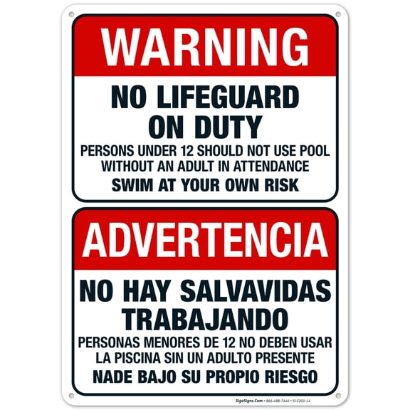 No Lifeguard On Duty Sign, Bilingual English Spanish, 10x14 Aluminum