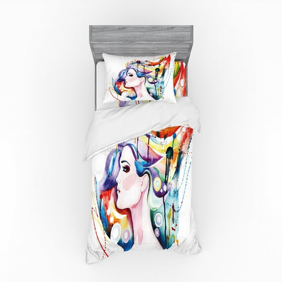 Ambesonne Art Bedding Set 3 Pcs, Grunge Young Woman, Twin, Multicolor