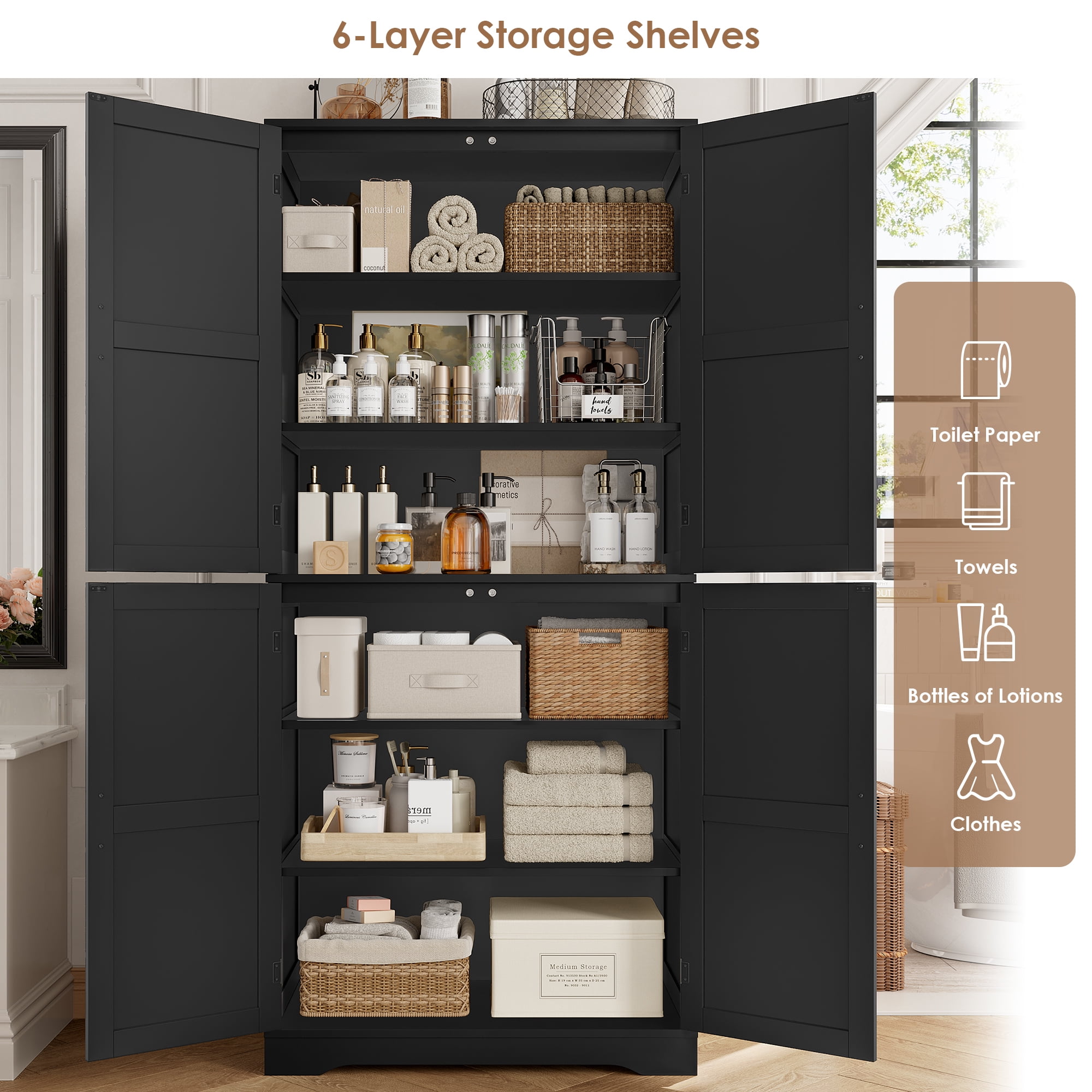 Homfa 71'' Bathroom Cabinet with 6 Storage Shelves, Freestanding Wooden Linen Cabinet for Living Room, Black