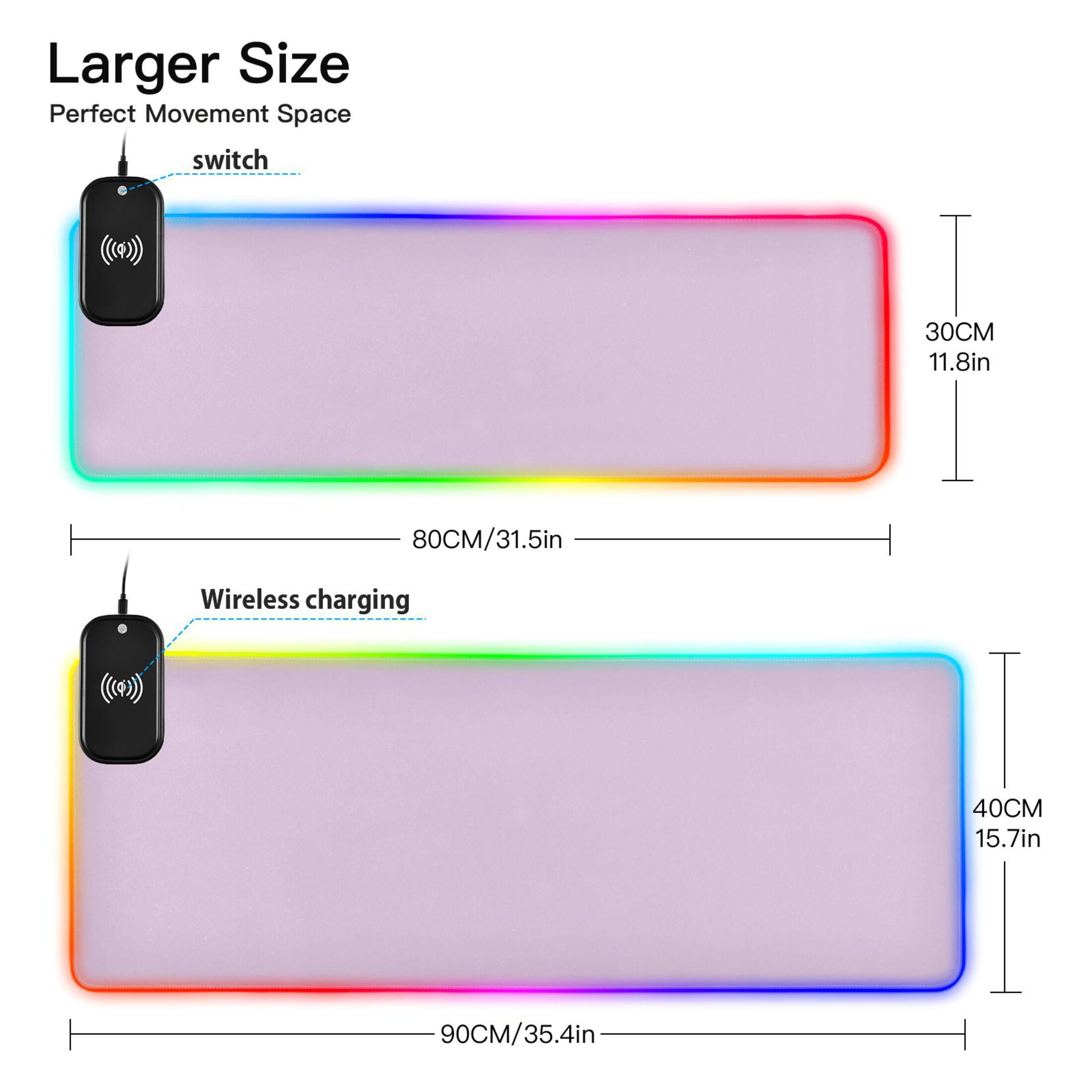 Wireless Charging Mouse Pad Large RGB Gaming Desk Mat 13 Light Modes Mousepad 31.5x11.8 Taro Purple
