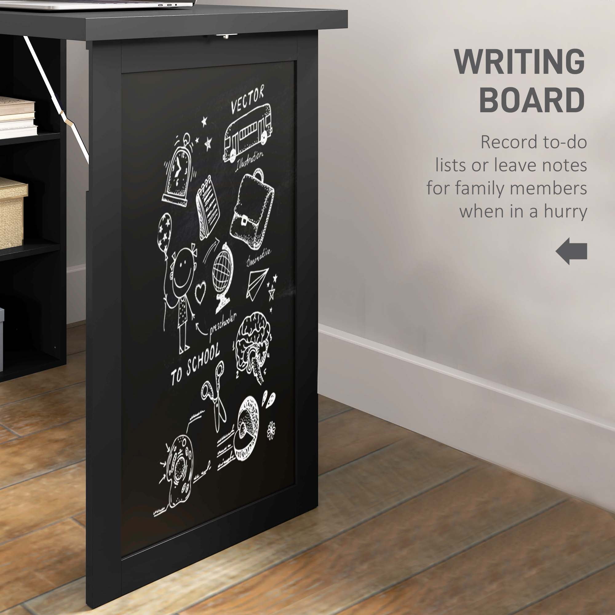 HOMCOM Fold-out Convertible Writing Table, Wall Mount Desk Cabinet with Blackboard and Side Shelf Multi-Function Home Office Workstation, Black