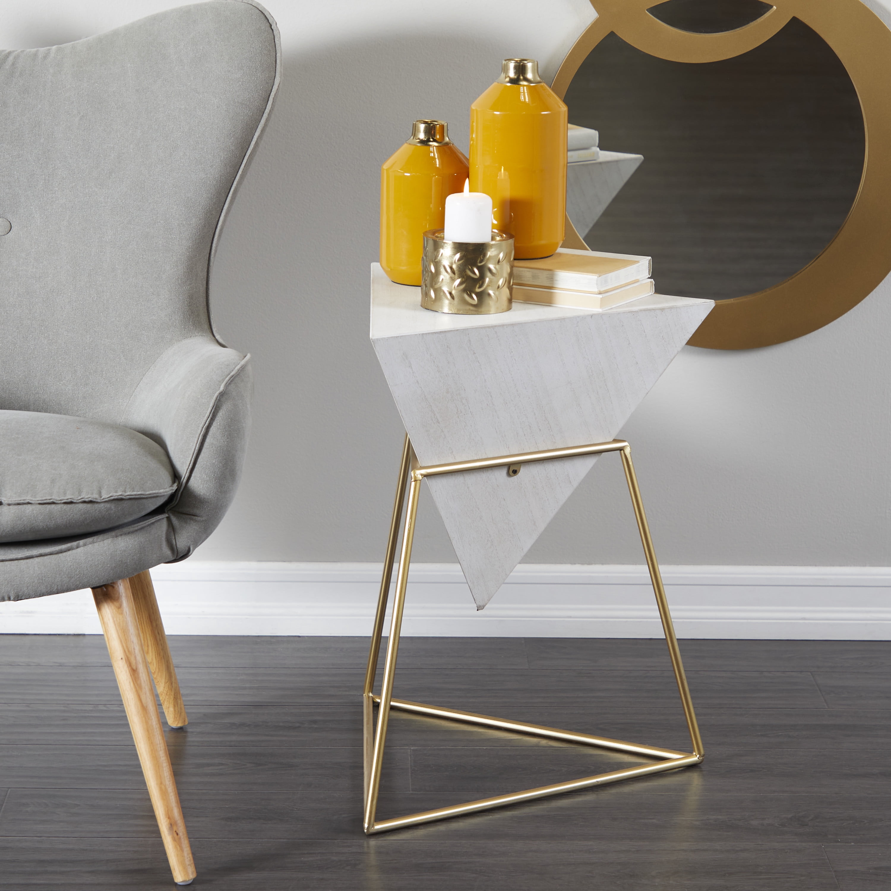 DecMode 20" x 24" White Wood Inverted Pyramid Geometric Accent Table with Gold Metal Stand, 1-Piece