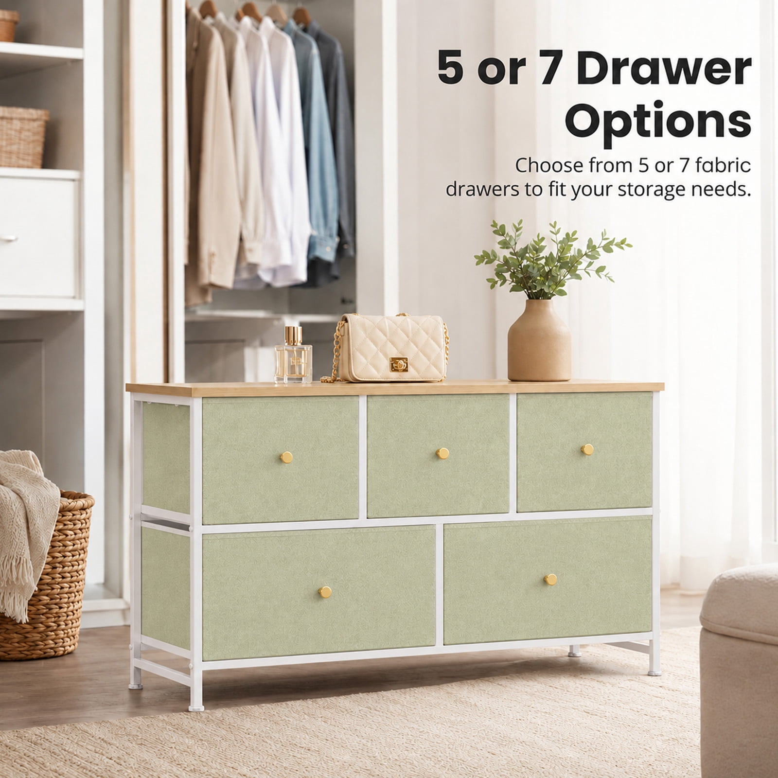 Alvantor 5/7 Drawer Fabric Dresser, Storage Tower for Bedroom and Closet, Chest of Drawers with Sturdy Steel Frame & Wooden Top for Living Room, Entryway