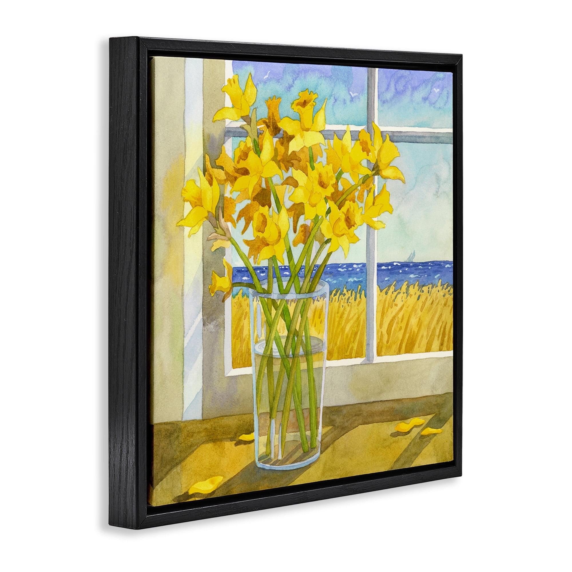 Stupell Industries Daffodils in Seaside Window Botanical & Floral Painting Black Floater Framed Canvas Art Print Wall Art, 25 x 25