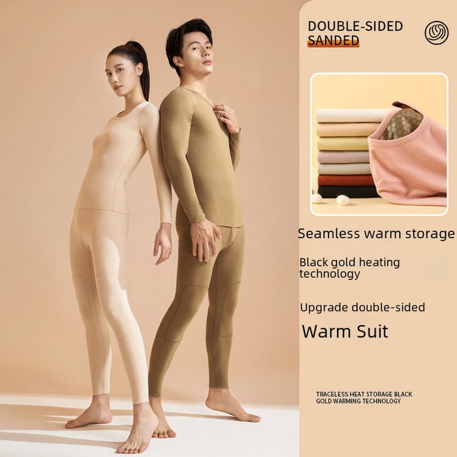 Conjunto de ropa interior térmica de cuello redondo de alta elasticidad con pantalones largos sin costuras de seda de cachemira negra y dorada
