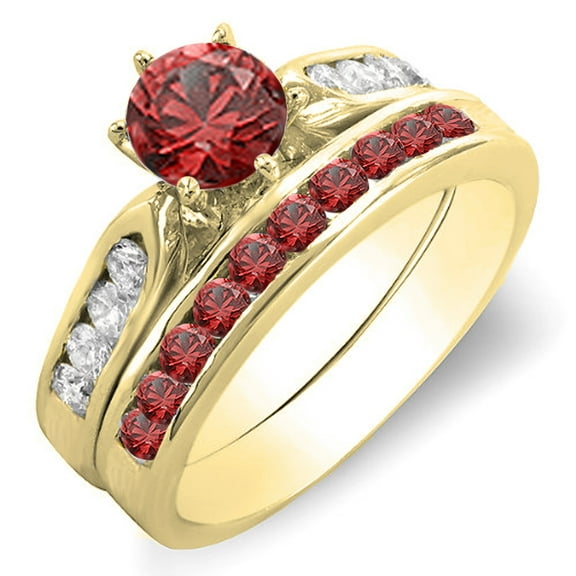 Dazzlingrock Collection 14K Round Red Ruby & White Diamond Ladies Bridal Engagement Ring Set, Yellow Gold, Size 8.5