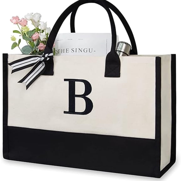 Personalized Initial Canvas Beach Bag for Women, Monogrammed Gift Tote Bag with Handles, Large Canvas Tote Bag for Beach, Travel, Work, Shopping
