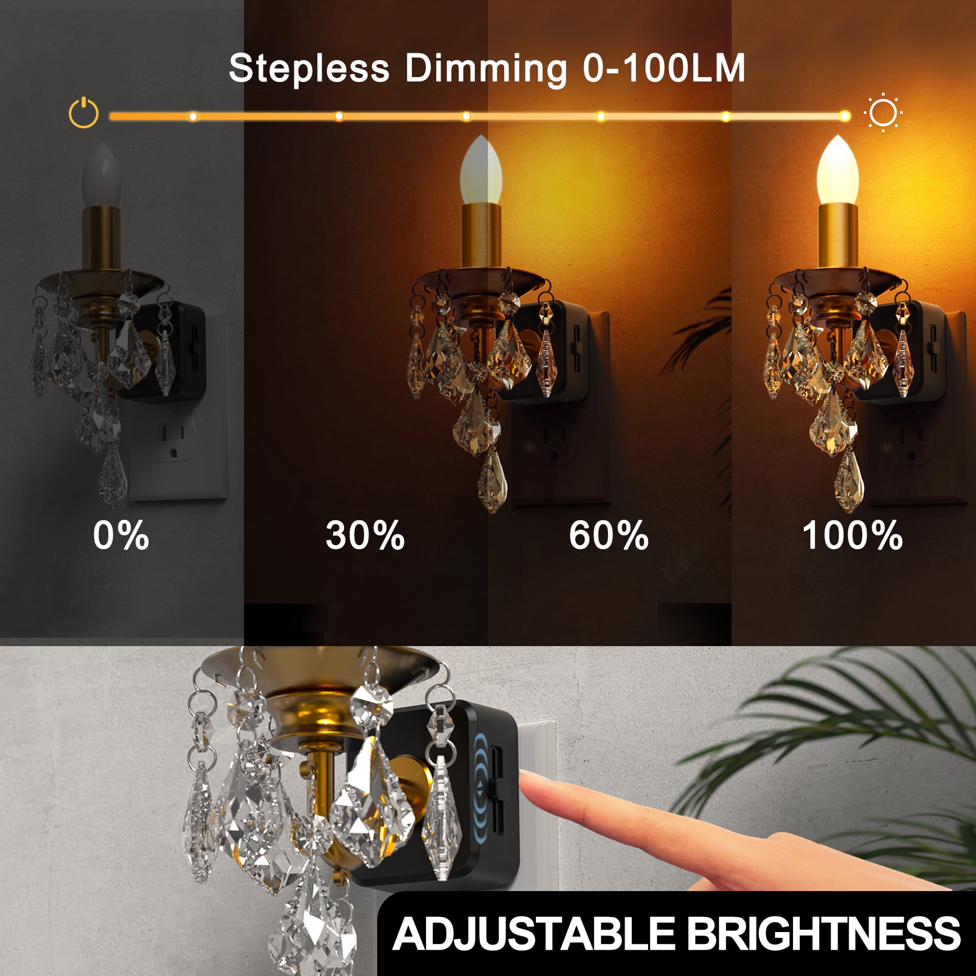 YANSUN Plug-in Warm White 1600K Black & Brass Amber Crystal Pendant Candle Night Light