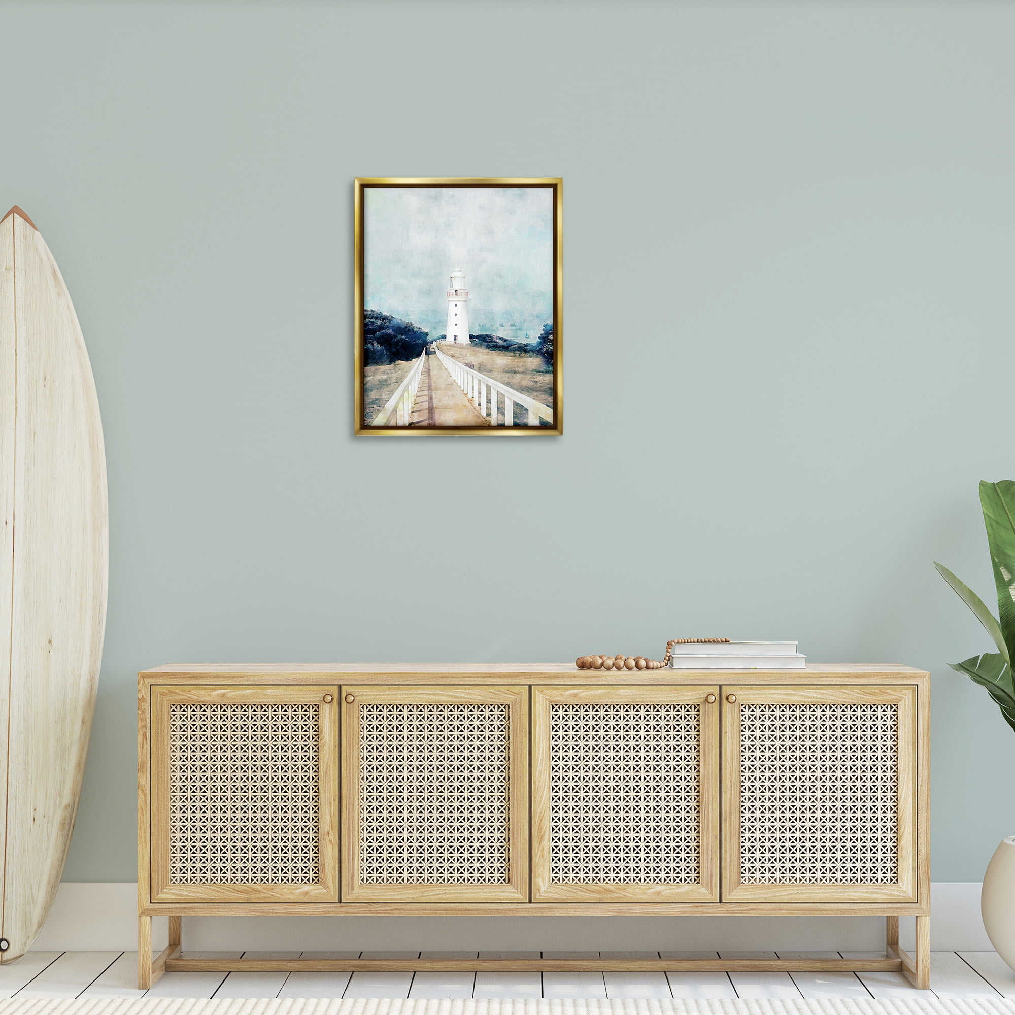 Stupell Industries White Lighthouse & Rustic Boardwalk Nature Painting Gold Floater Framed Canvas Art Print Wall Art, 25 x 31