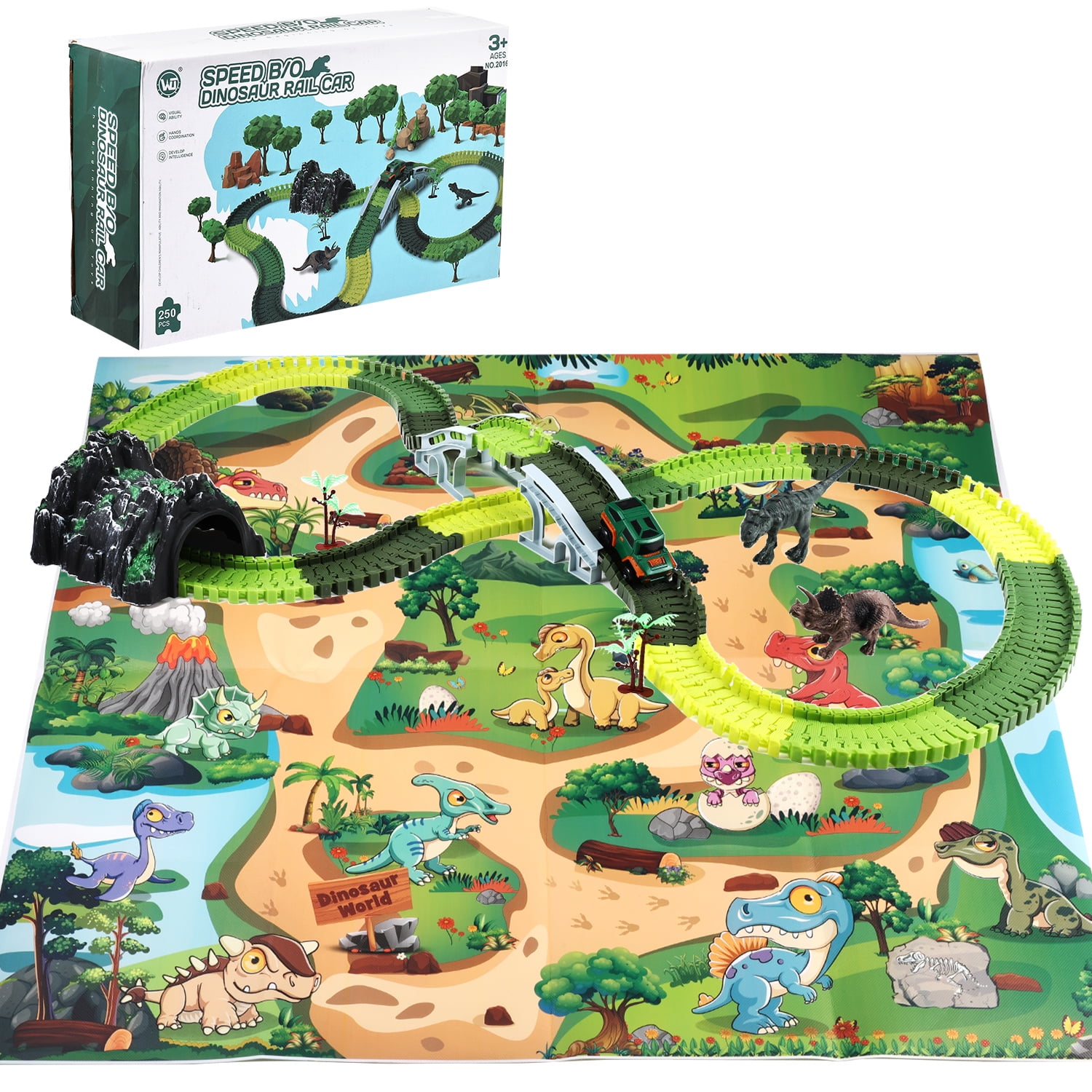 Anpro Dinosaur Toys Race Car Track Set for Kids, 250pcs Race Car Track Set Vehicle Playsets Dinosaur World Road Toys Flexible Track Playset for Boys Age 3+ Best Gift