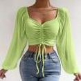 thumbnail image 1 of Women's Long Sleeve Mesh Cropped Top V-Neck Blouse Soft Polyester Casual Wear Drawstring Design for Daily Outfits Party Work Spring Summer, 1 of 9