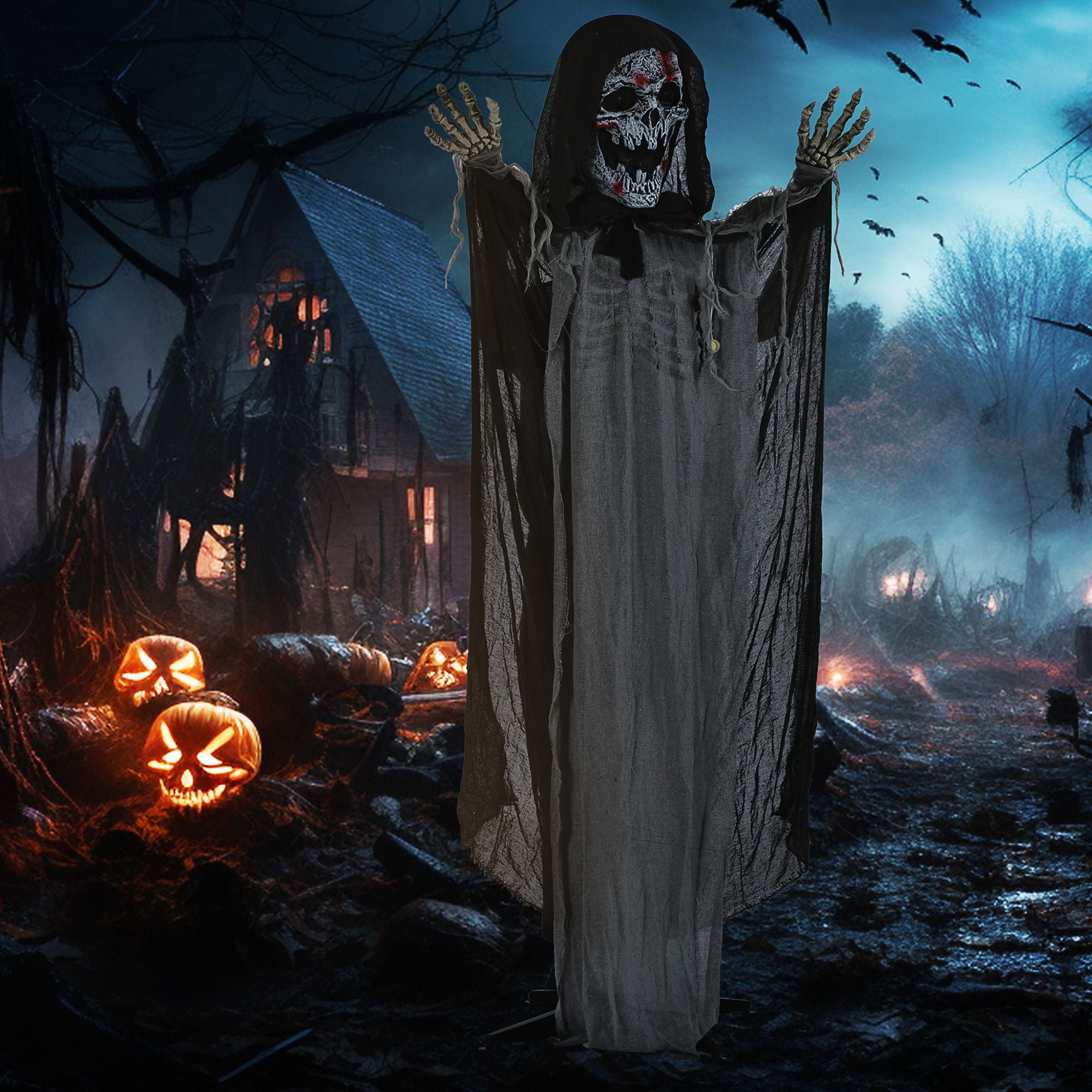 74 Inch Animated Skeleton Witch Halloween Decoration with Sound and Motion