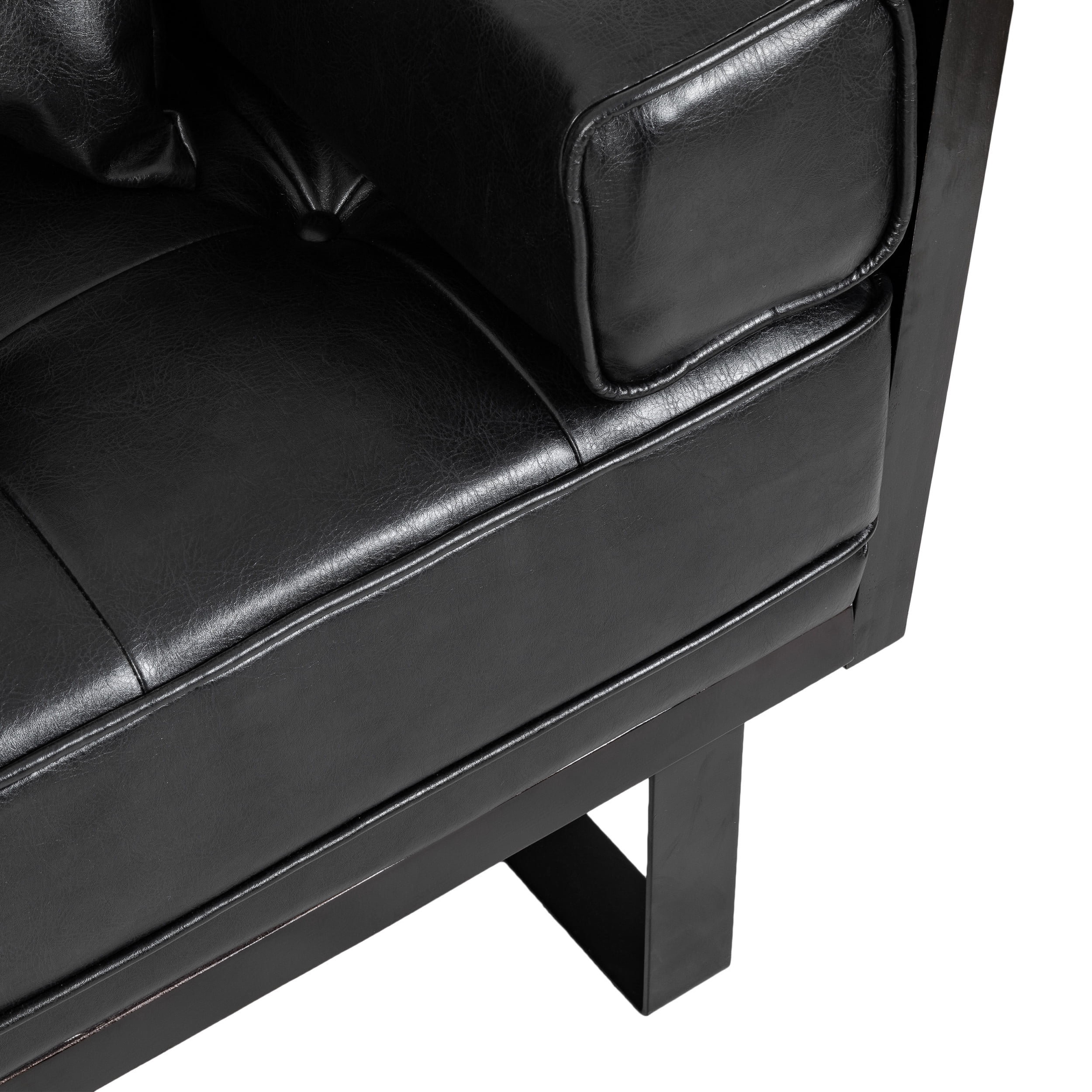 Noble House Gould Faux Leather Upholstered Oversized Loveseat with Accent Pillows, Midnight Black and Black