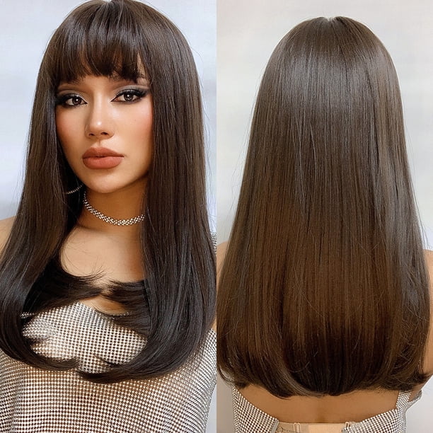 Peluca negra larga de cabello humano con flequillo y gorro de peluca, pelucas naturales rectas sin pegamento, 26 pulgadas