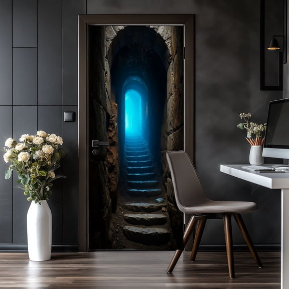 Door Stickers Peel and Stick Door Mural Mystical Stone Tunnel Blue Light Steep Removable Wallpaper 30.3''x78.7'' Self-Adhesive Mural for Kitchen Living Room Bedroom Decor