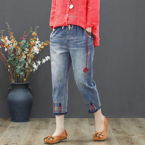 Pantalones vaqueros de mujer de primavera y otoño con bordado artístico roto, pantalones capri de mujer con cintura alta elástica, pantalones vaqueros holgados de talla grande para mujer