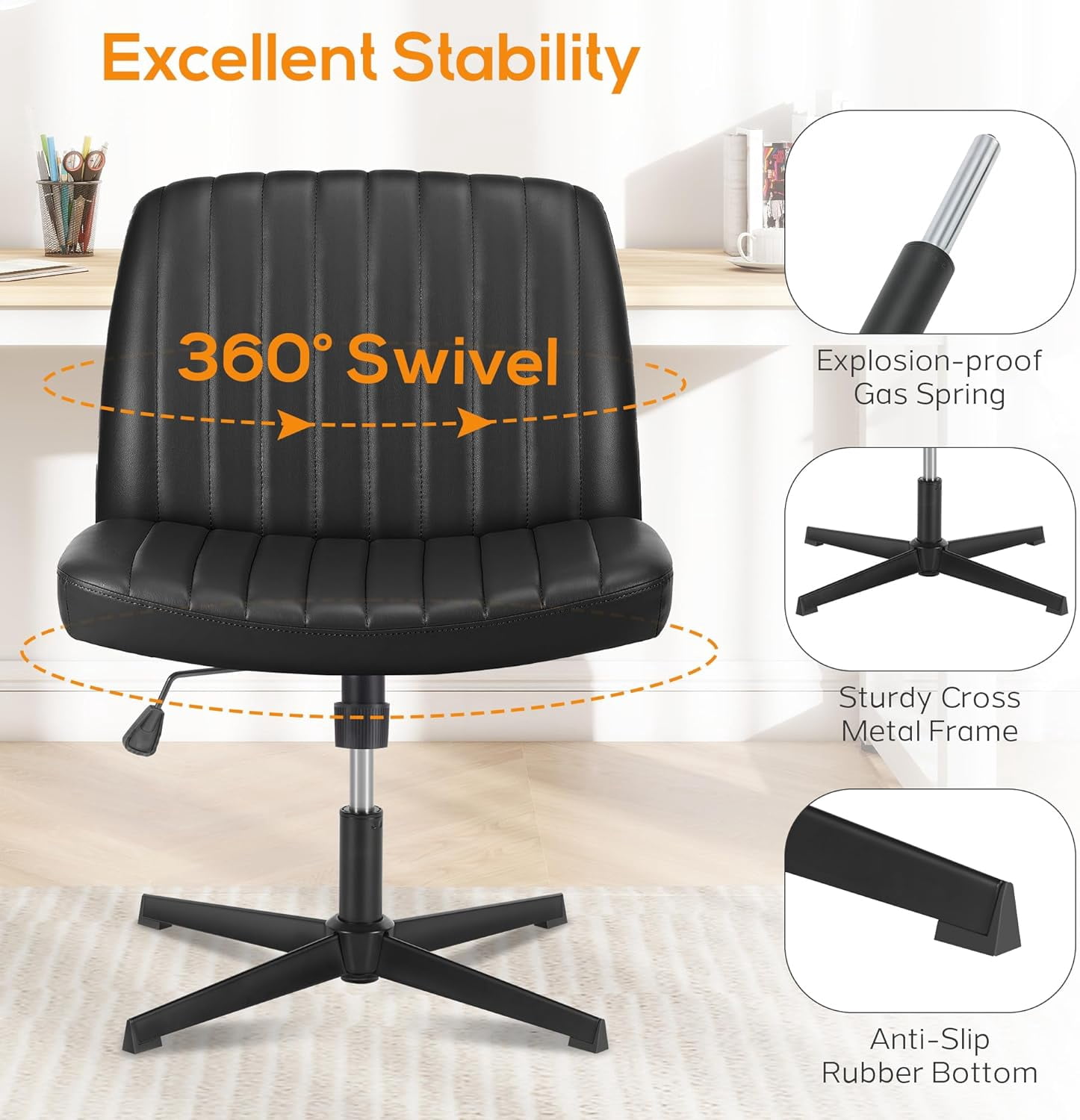Criss Cross Chair, Cross Legged Office Chair, Wide Comfty Desk Chair, No Wheels Armless Computer Task Chair, Swivel Vanity Home Chair, Height Adjustable