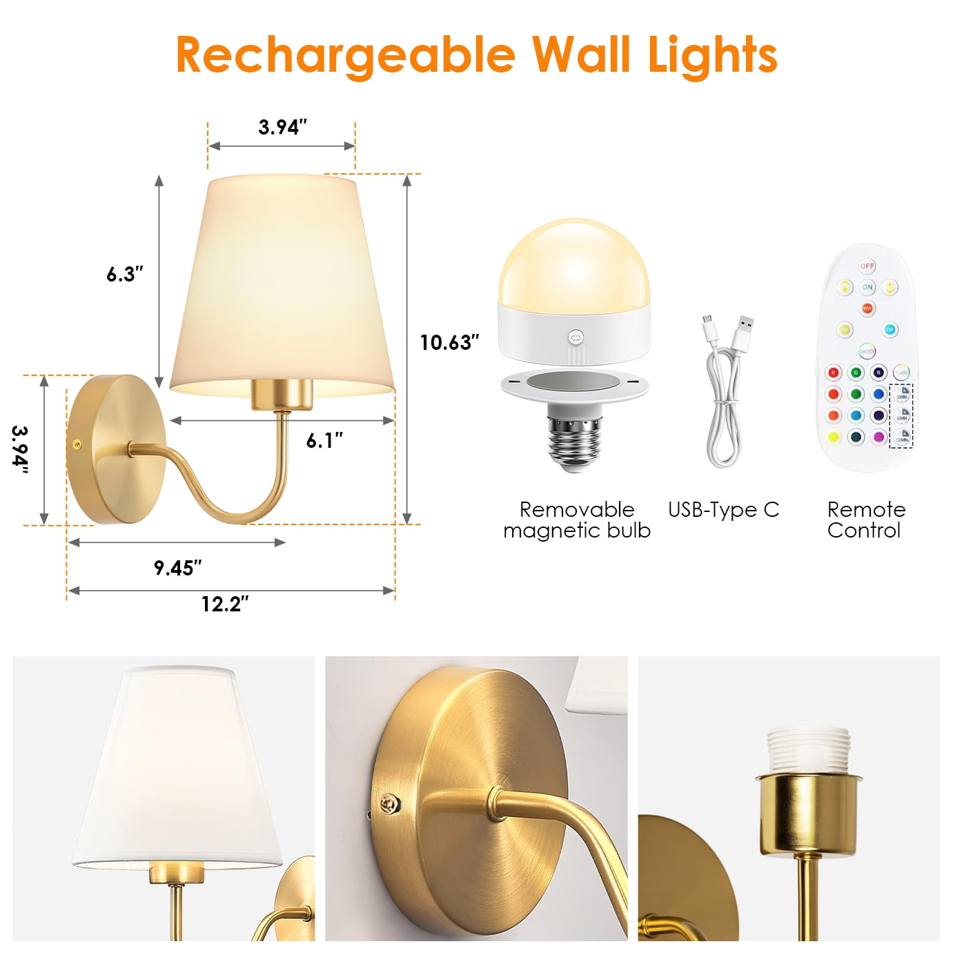 DAYBETTER Battery Operated Wall Sconces Set of 2, 3 ColorTems & RGB Cordless Rechargeable Warm Lights with Remote Control for Home Decor