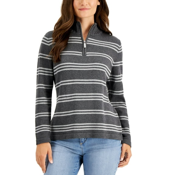Karen Scott Donna Cotton Striped Quarter Zip Sweater Charcoal Heather XL