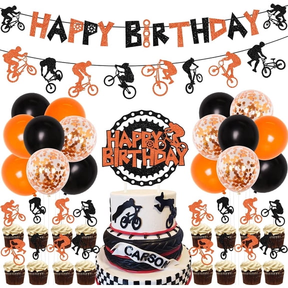 Bicycle Happy Birthday Party Banner and Cake Topper Bicycle Bike Sport Charms Bicycle Balloons Party Decorations Supplies for Baby Boy Girl